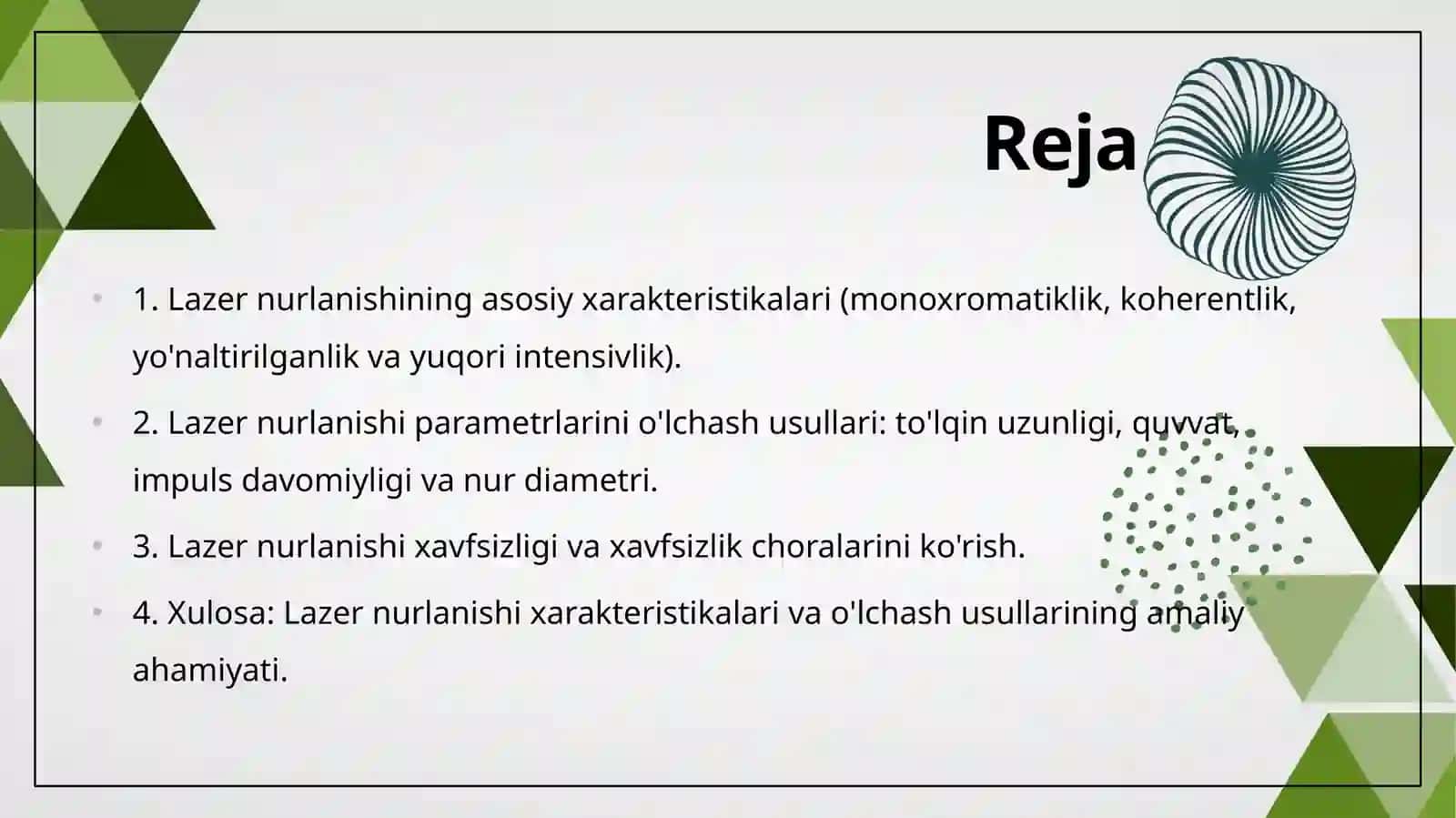 Lazer nurlanishi xarakteristikalari va ularni oʼlchash metodlari 2