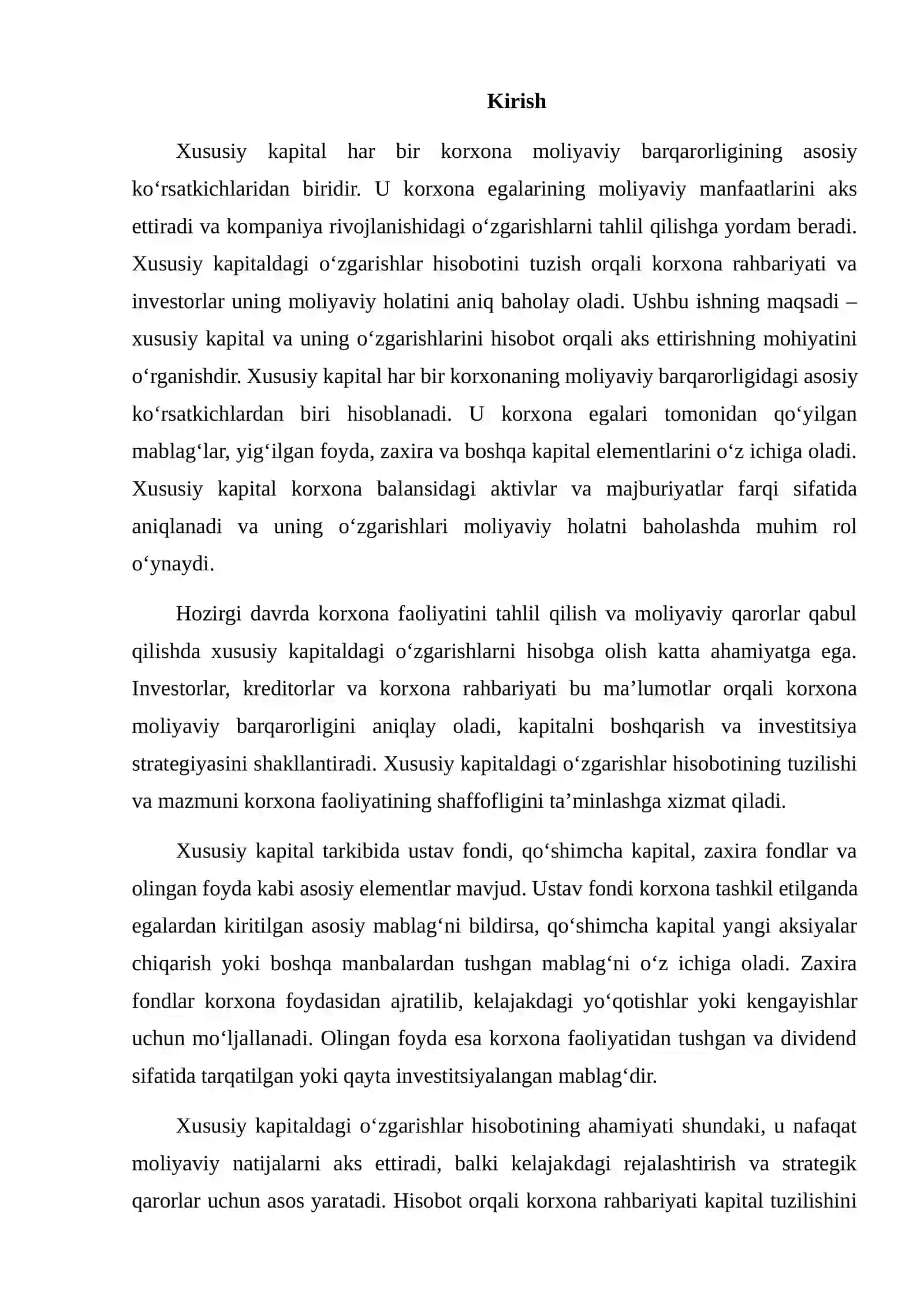 XUSUSIY KAPITALDAGI O‘ZGARISHLAR HISOBOTINING MAZMUNI 2