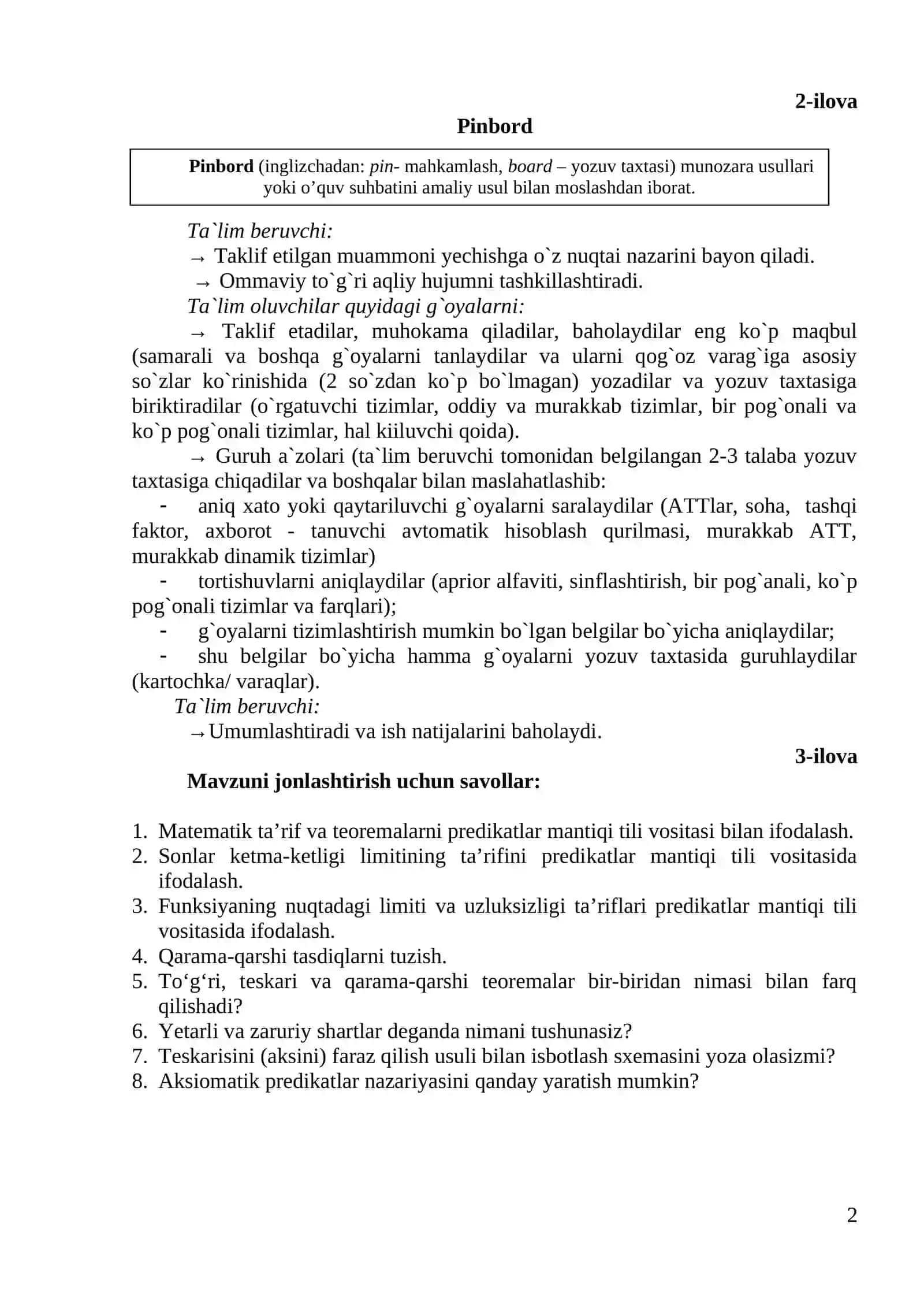 MA’RUZA: PREDIKATLAR MANTIQINING MATEMATIKAGA TADBIQI. AKSIOMATIK PREDIKATLAR HISOBI 2