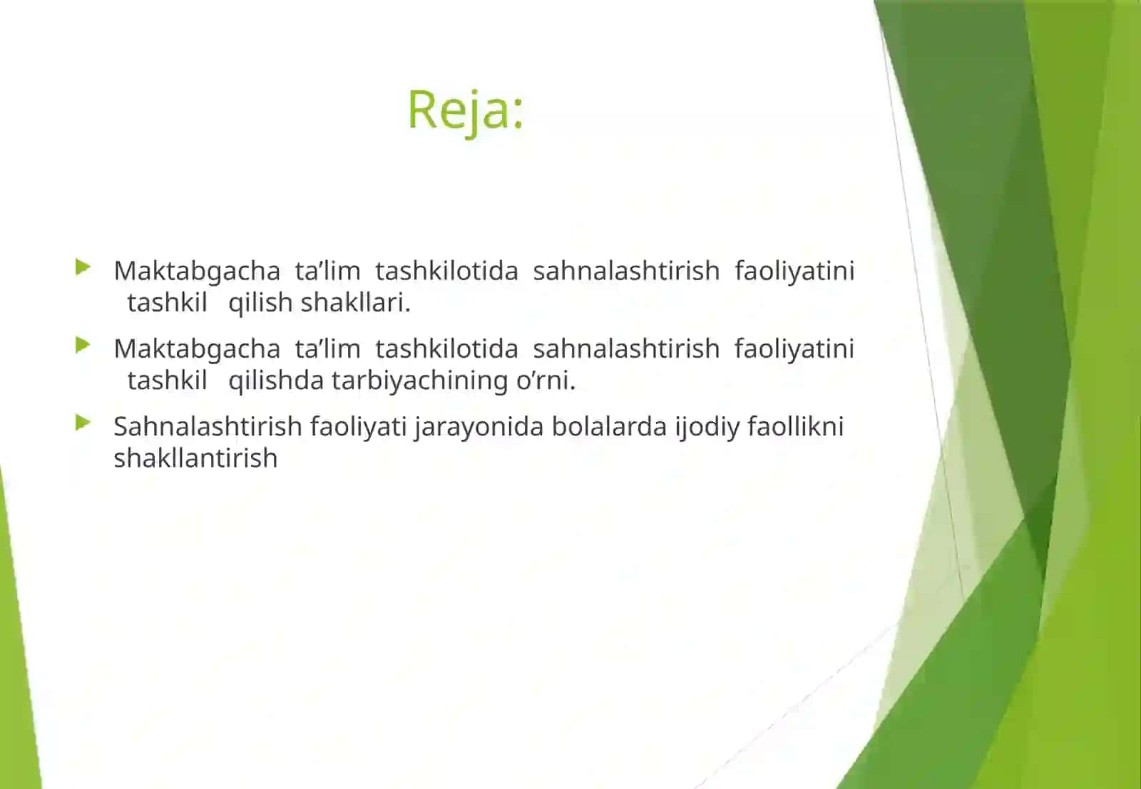 MAKTABGACHA TA'LIM TASHKILOTLARIDA SAHNALASHTIRISH FAOLIYATI AXAIYATI 2