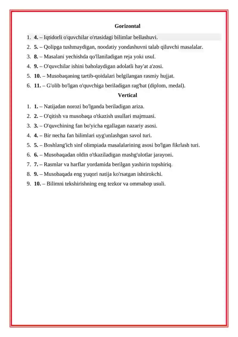Olimpiada Metodikasi mavzusiga oid Krossvord 2