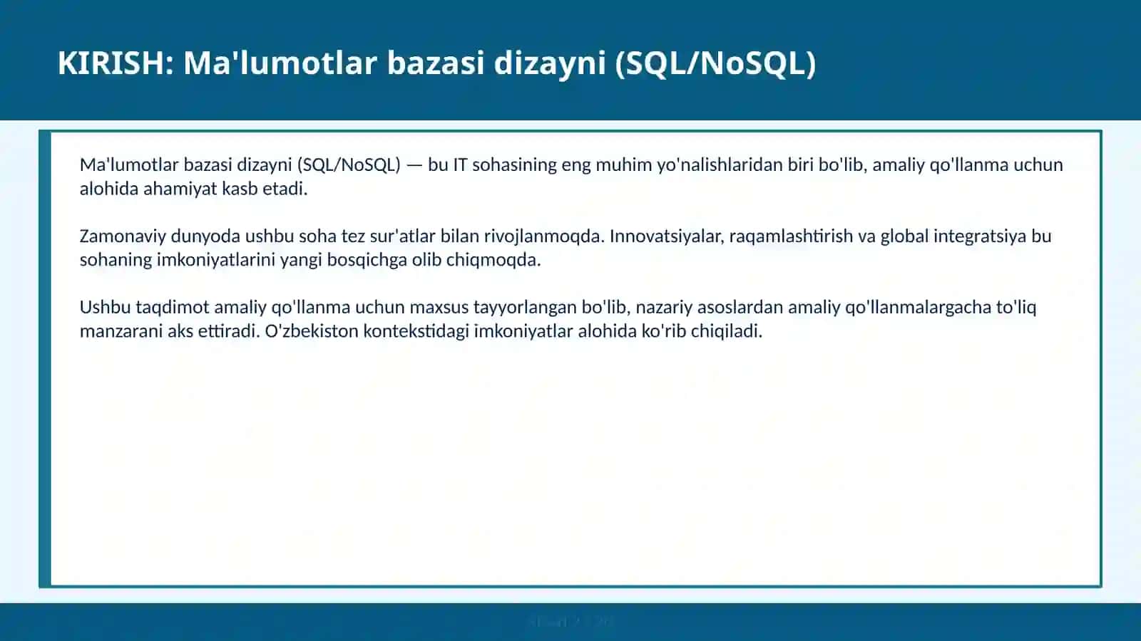 Ma'lumotlar bazasi dizayni (SQL/NoSQL) 2