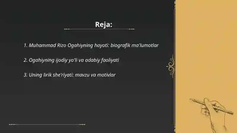 Muhammad Rizo Ogahiy hayoti va ijodi va lirikasi 2