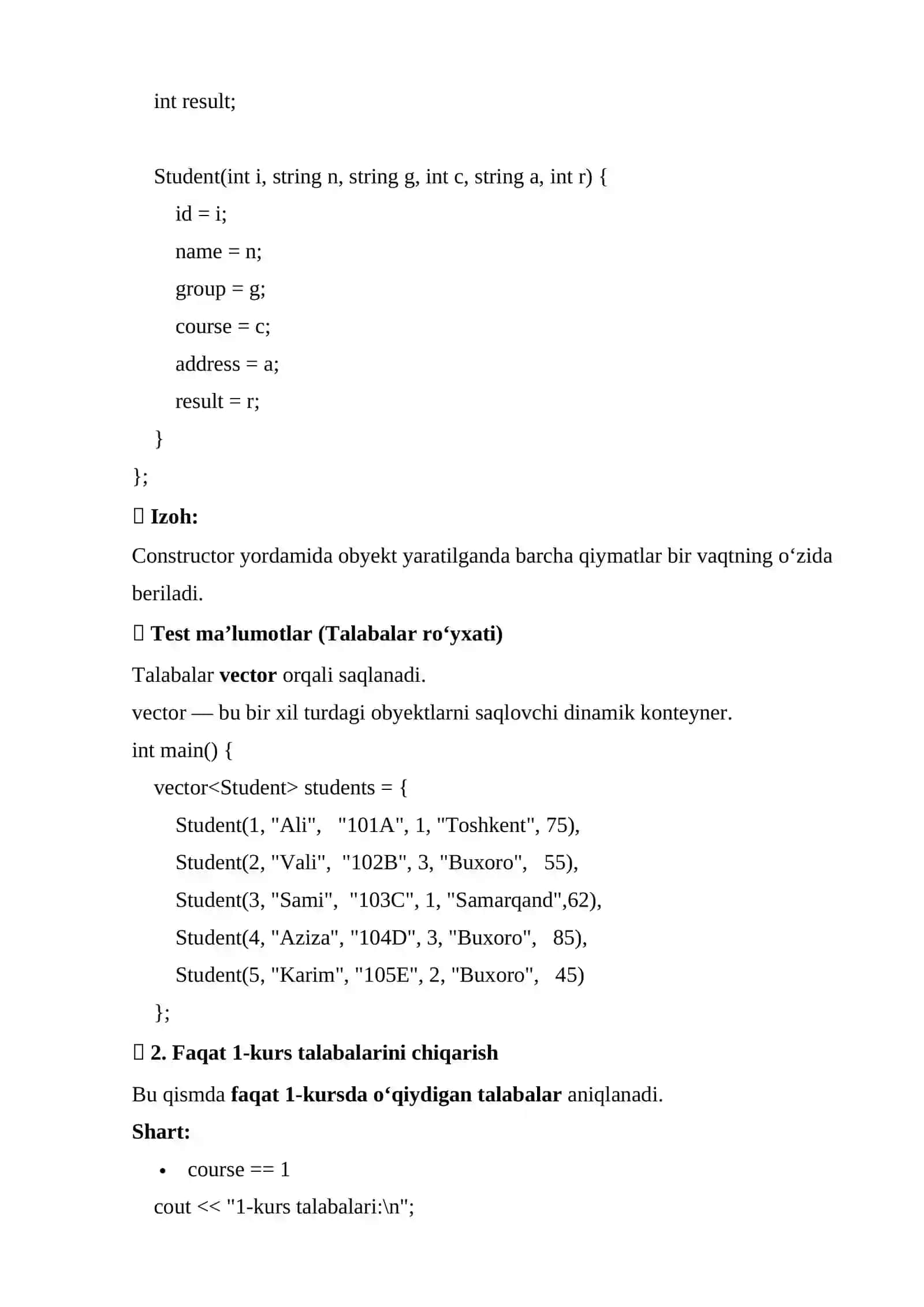 C++ DASTURLASH TILIDA TALABALAR BILAN ISHLASH 2