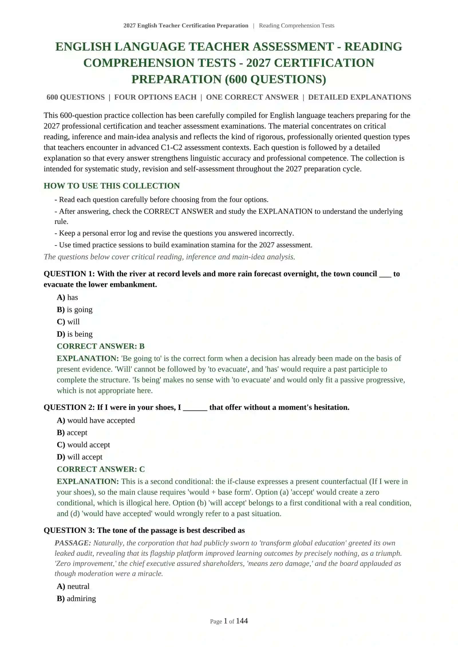 ENGLISH LANGUAGE TEACHER ASSESSMENT - READING COMPREHENSION TESTS - 2027 CERTIFICATION PREPARATION 2