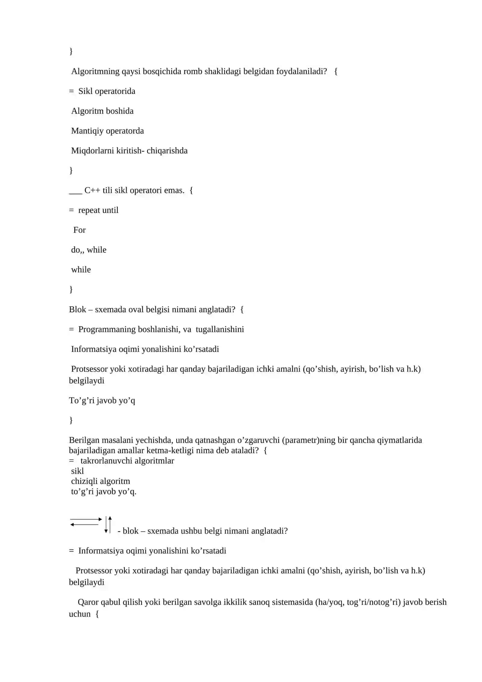 Takrorlanuvchi algoritmlarga doir test savollari 2