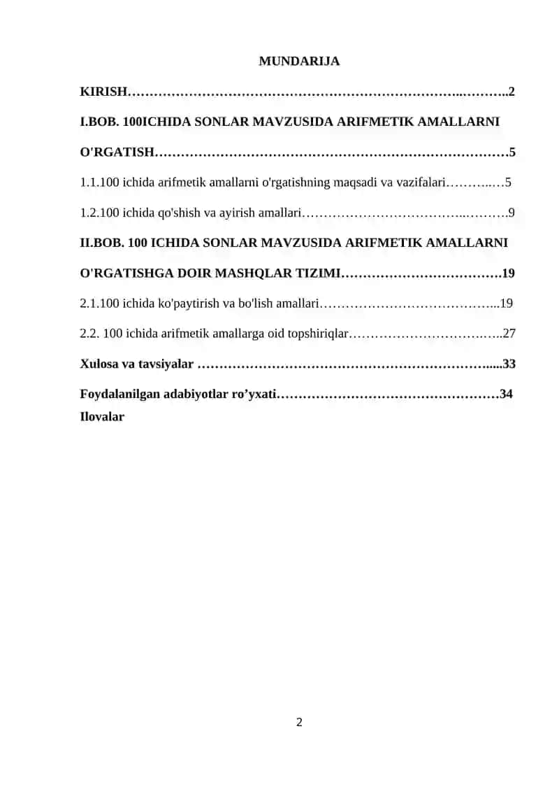 100 ICHIDA SONLAR MAVZUSIDA ARIFMETIK AMALLARNI O'RGATISH 2