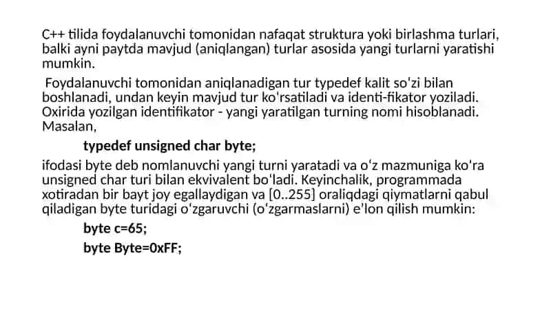 C++ tilida foydalanuvchi tomonidan aniqlangan turlar 2