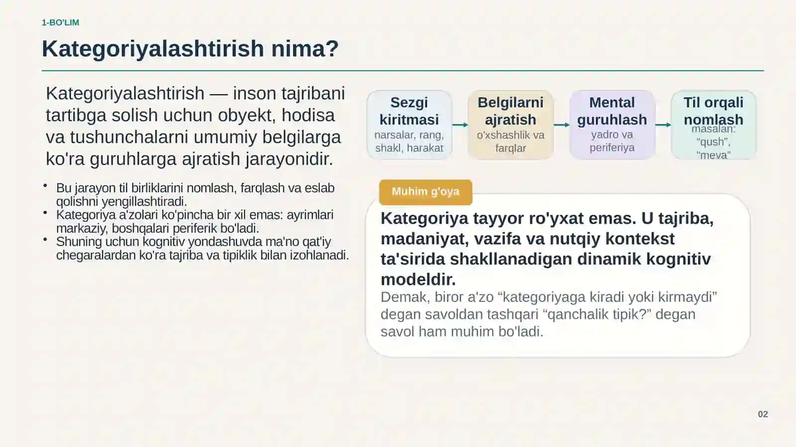 KOGNITIV TILSHUNOSLIK. Kategoriyalashtirish va protatip nazariyasi 2