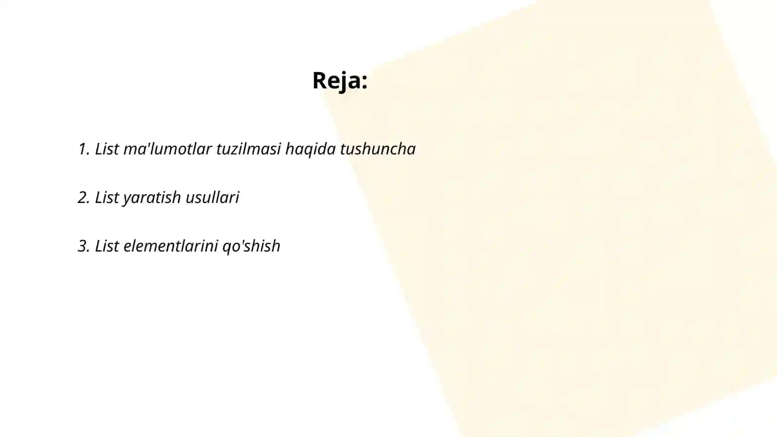 List maʼlumotlar tuzilmasi va uning metodlari bilan ishlash 2