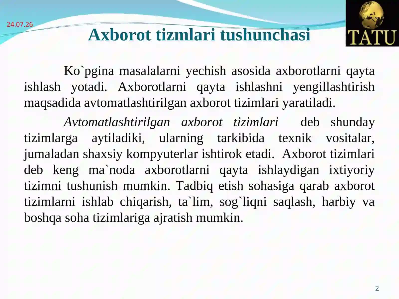 Ma’lumotlar bazasining maqsadi, vazifalari va asosiy tushunchalari 2