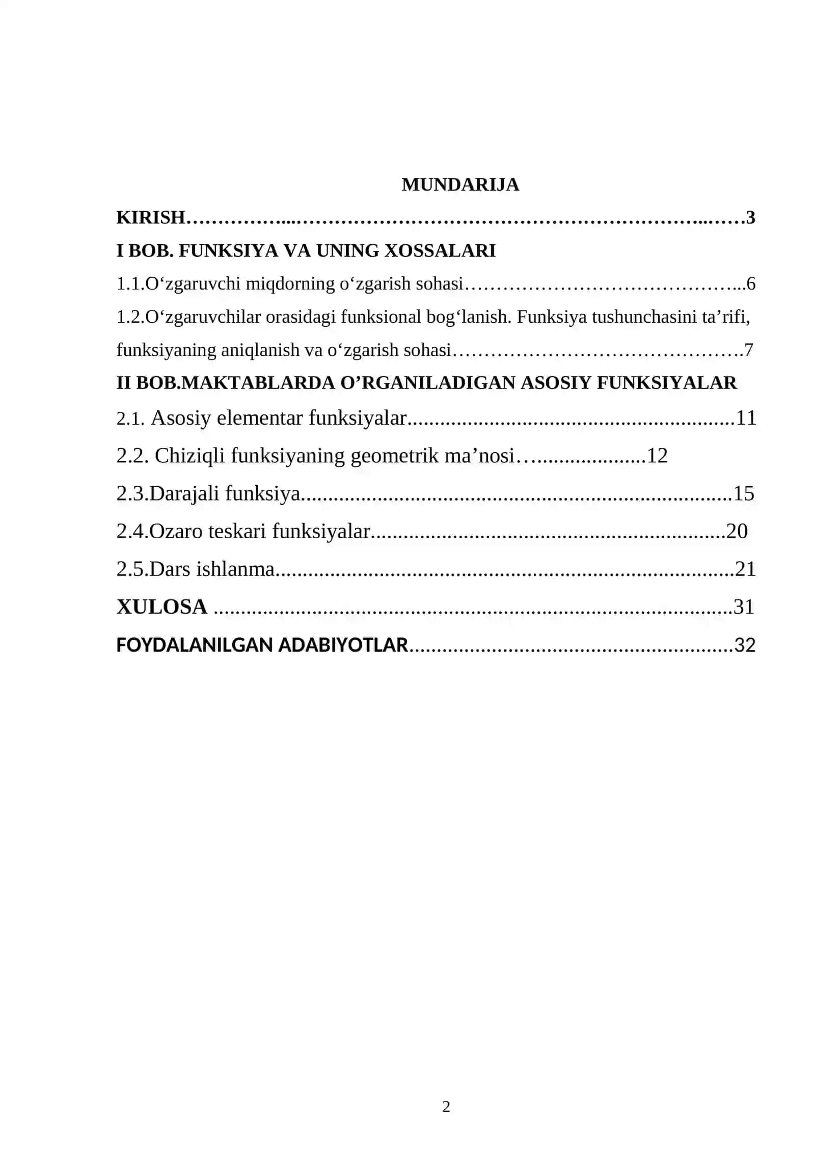 Umumtalim maktablarida o‘rganiladigan asosiy funksiyalar va ularning xossalari. 2