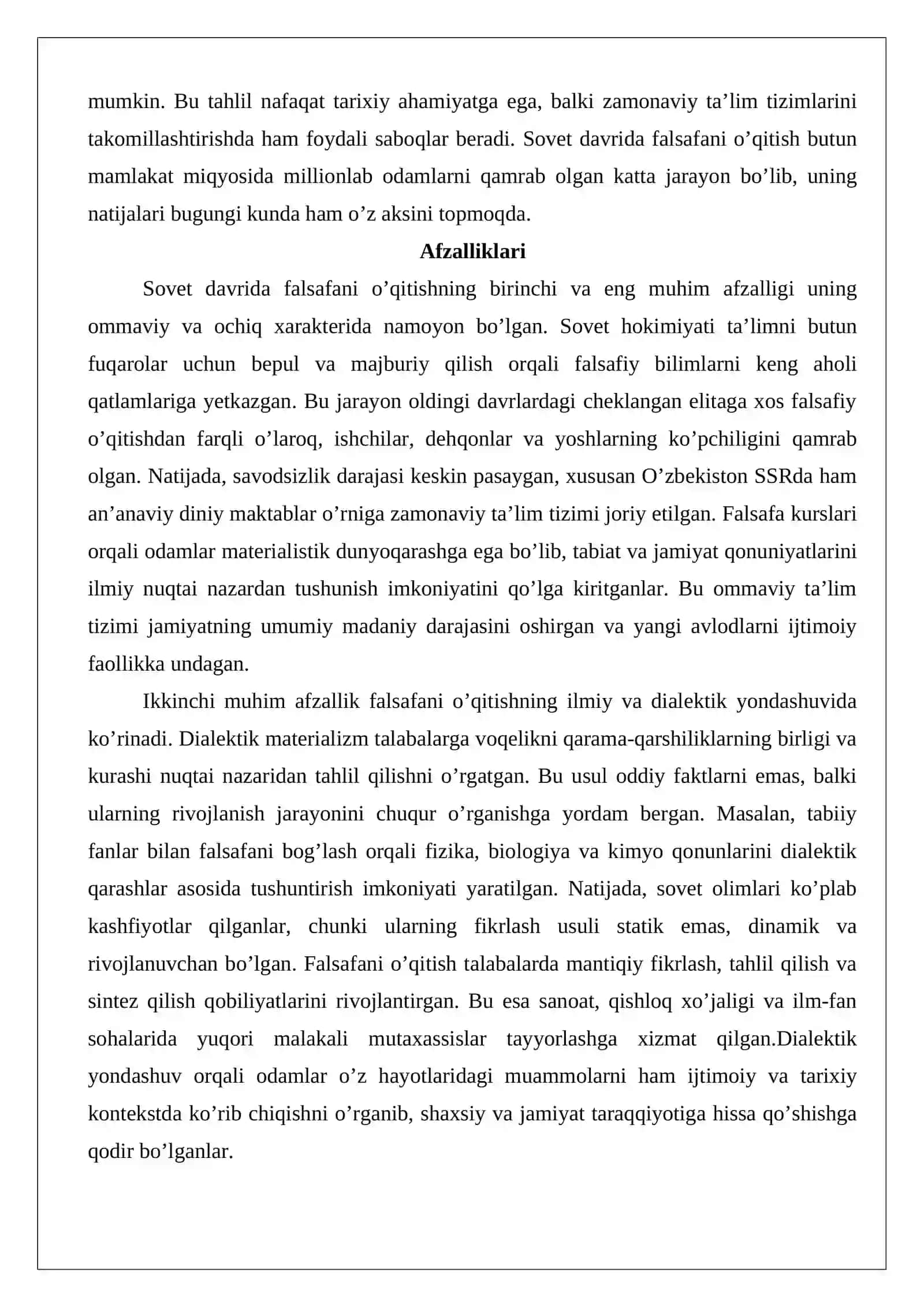 Sovet davrida falsafani o’qitishning afzalliklari va kamchiliklari esse 2