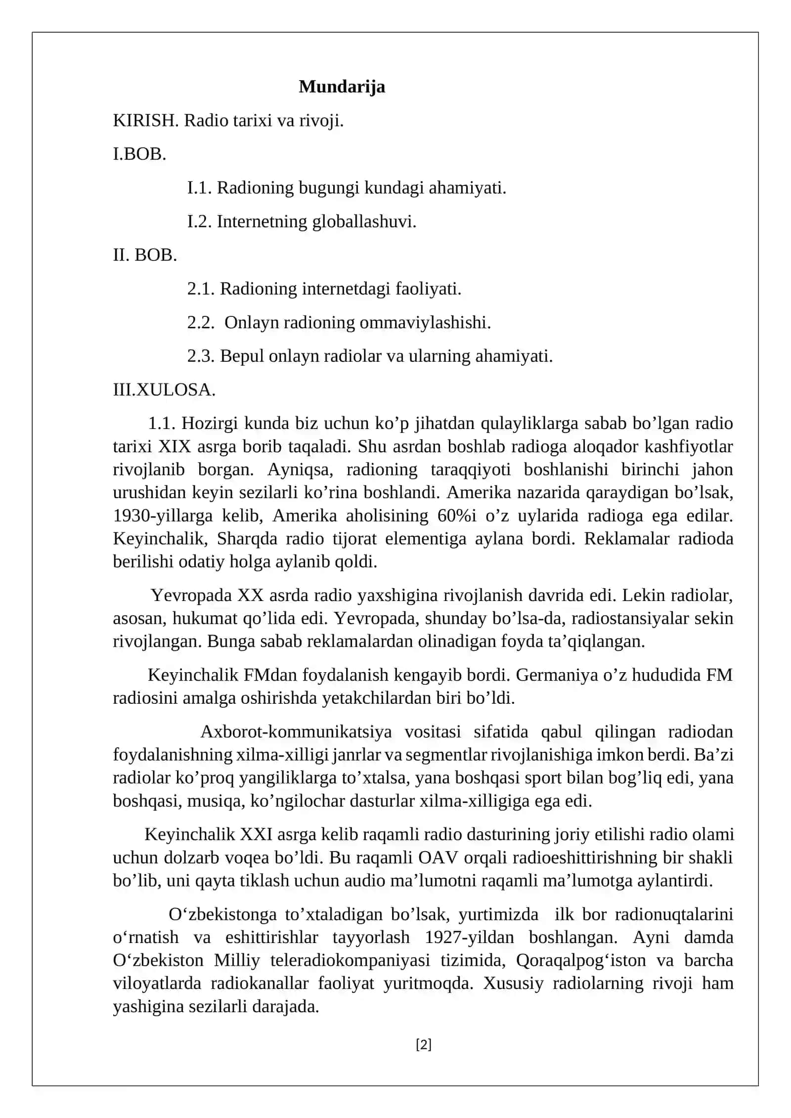“Telekanallarning internetdagi faoliyati” fanidan “Internet tizimida radio” mavzusida KURS ISHI 2