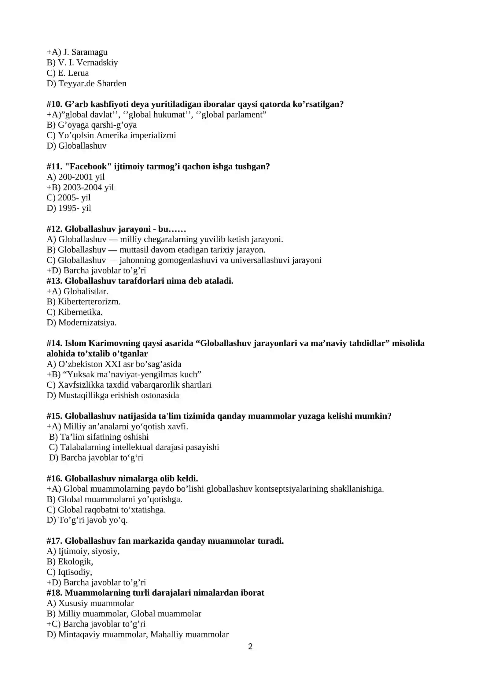 Globallashuv asoslari fanidan test savollari 2