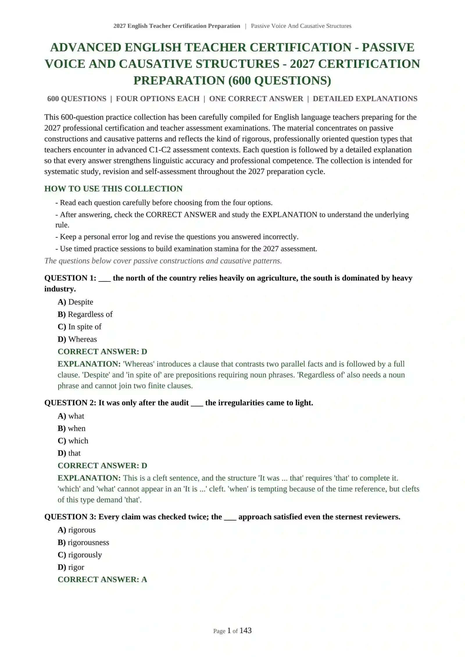 ADVANCED ENGLISH TEACHER CERTIFICATION - PASSIVE VOICE AND CAUSATIVE STRUCTURES - 2027 CERTIFICATION PREPARATION 2