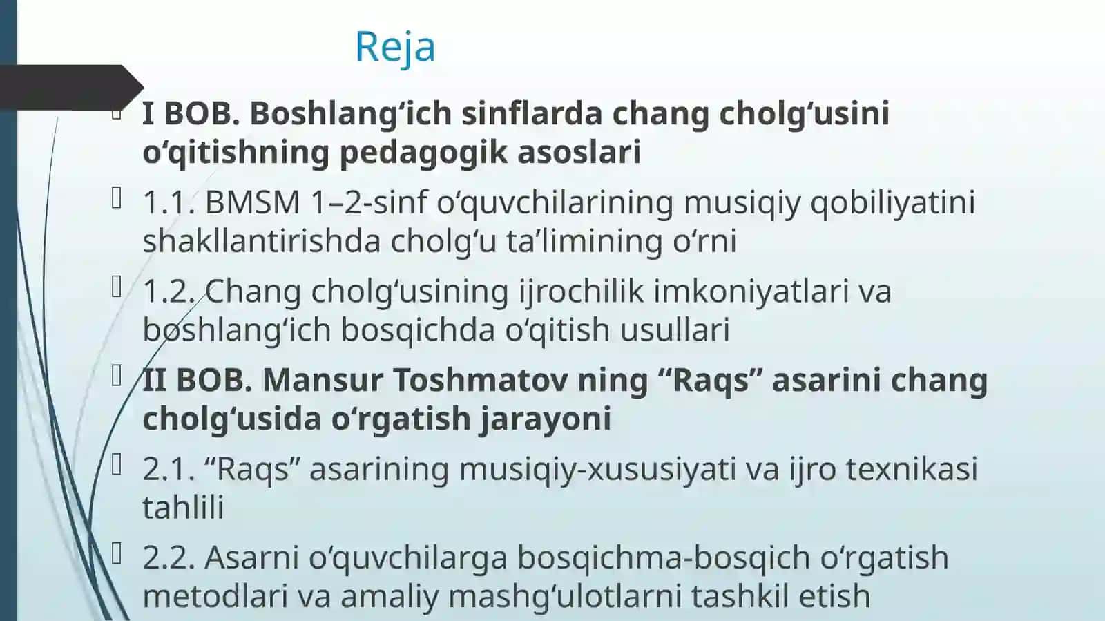 BMSM 1–2-sinf o‘quvchilariga chang cholg‘usida [] ning “Raqs” asarini o‘rgatish metodikasi 2
