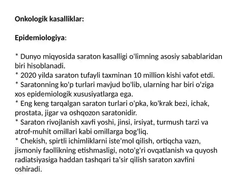 Onkologik kasalliklar: Epidemiologiya 2