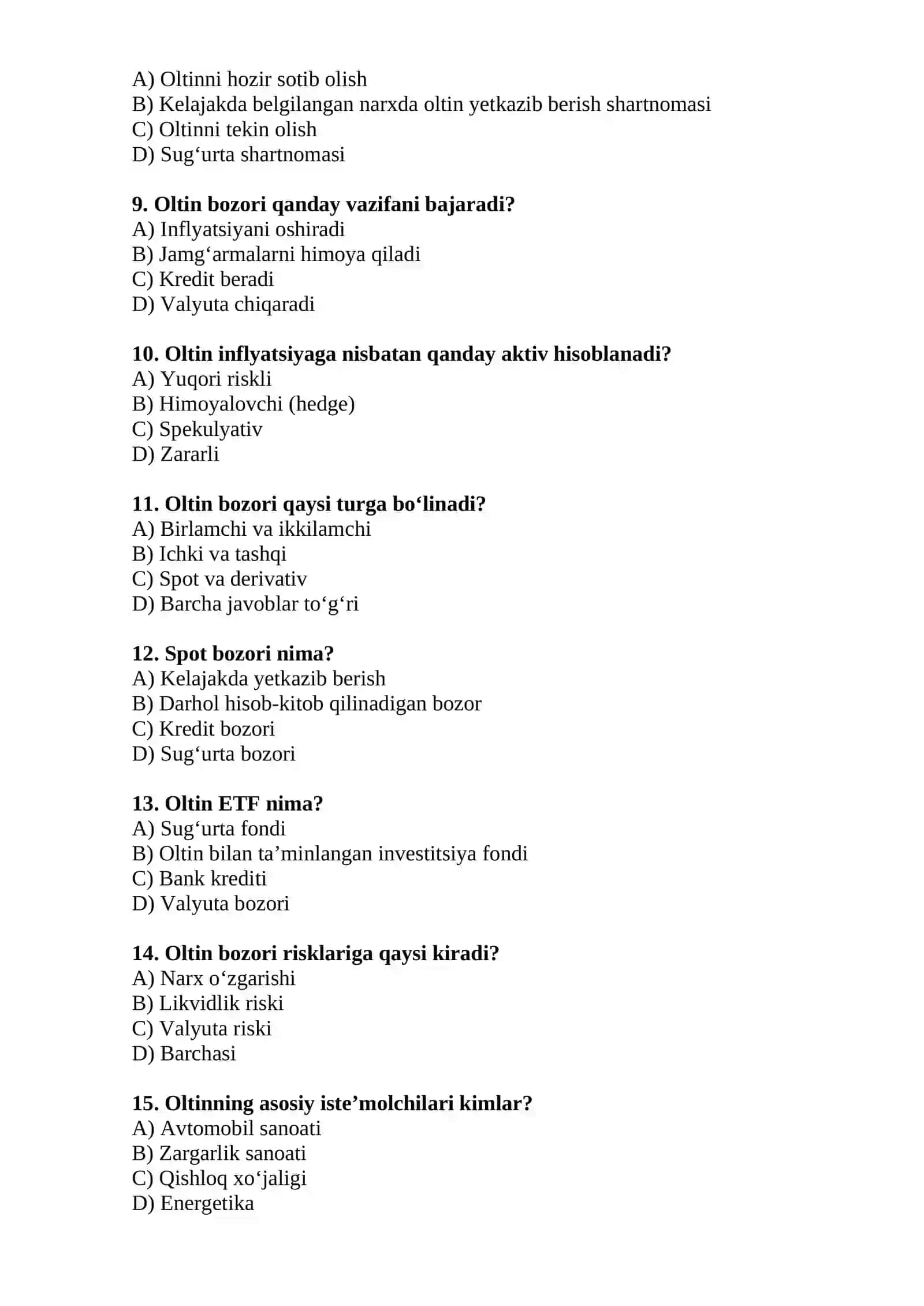 Oltin bozori test savollari 2