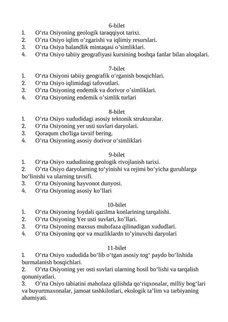 O‘rta Osiyo tabiiy geografiyasi fanidan yakuniy nazorat savollari 2