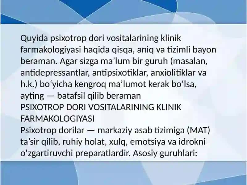 Psixotrop dori vositalarining klinik farmakologiyasi 2