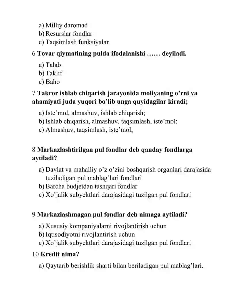 Moliya fanidan test savollar 2
