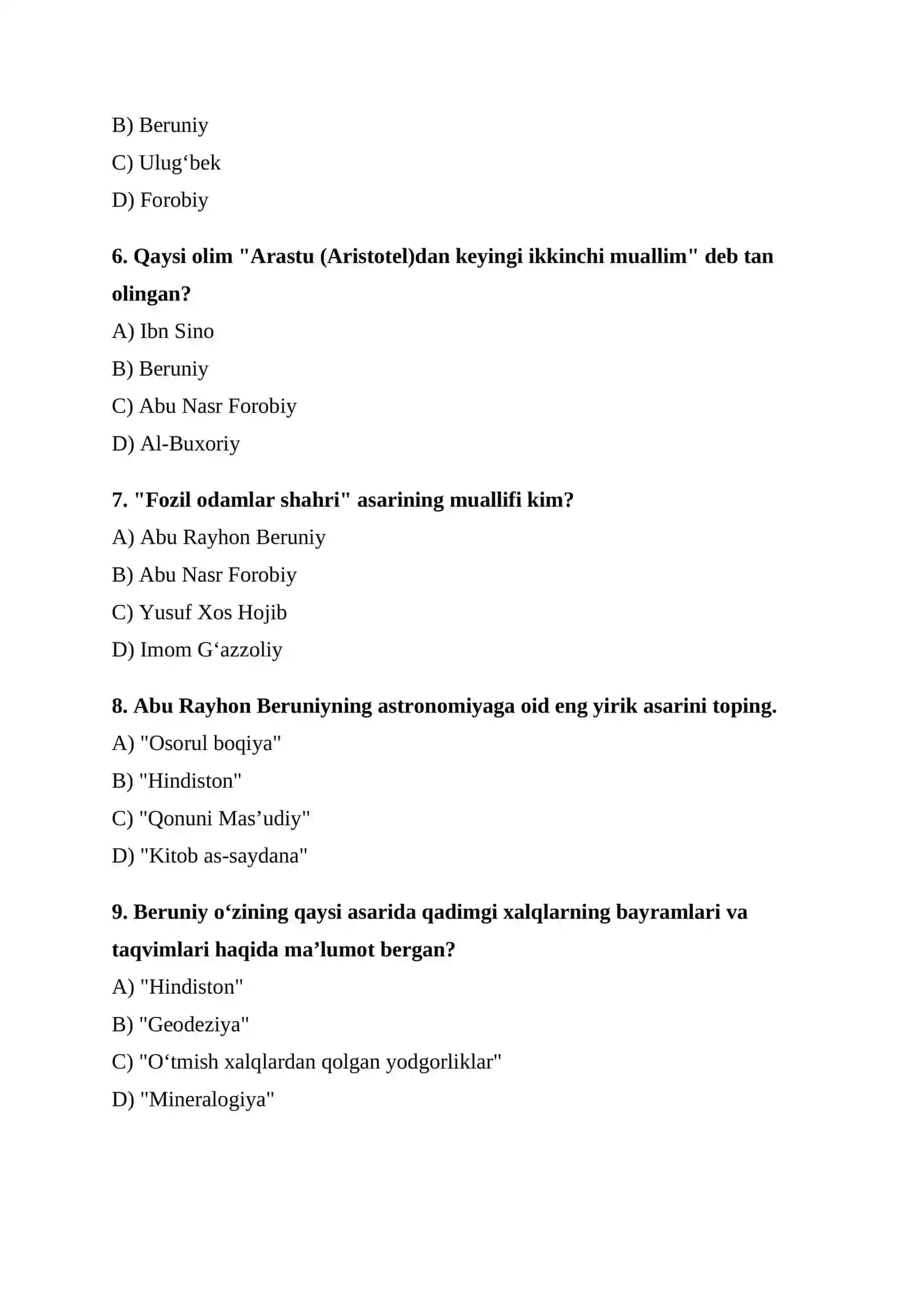 IX–XIII asrlar Birinchi Renessans davri testi test javobli 2