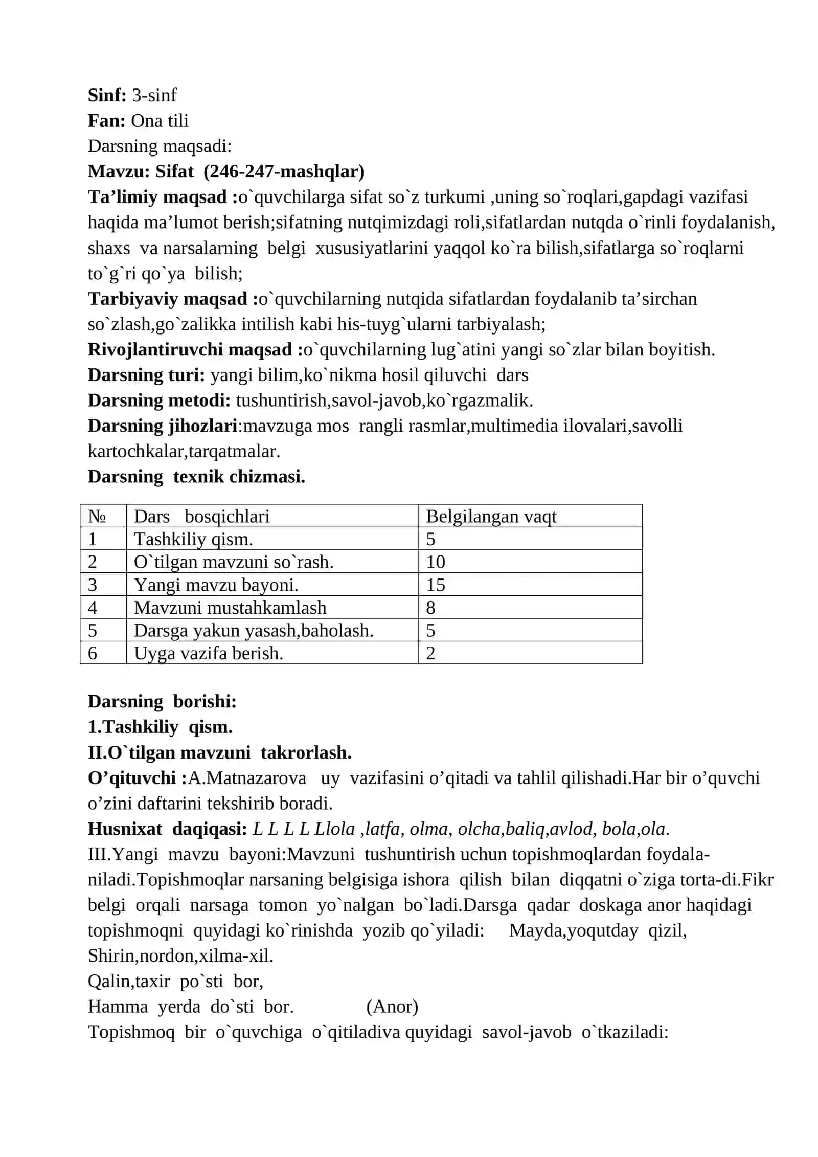 Ona tili fanidan bir soatlik dars ishlanmasi 2