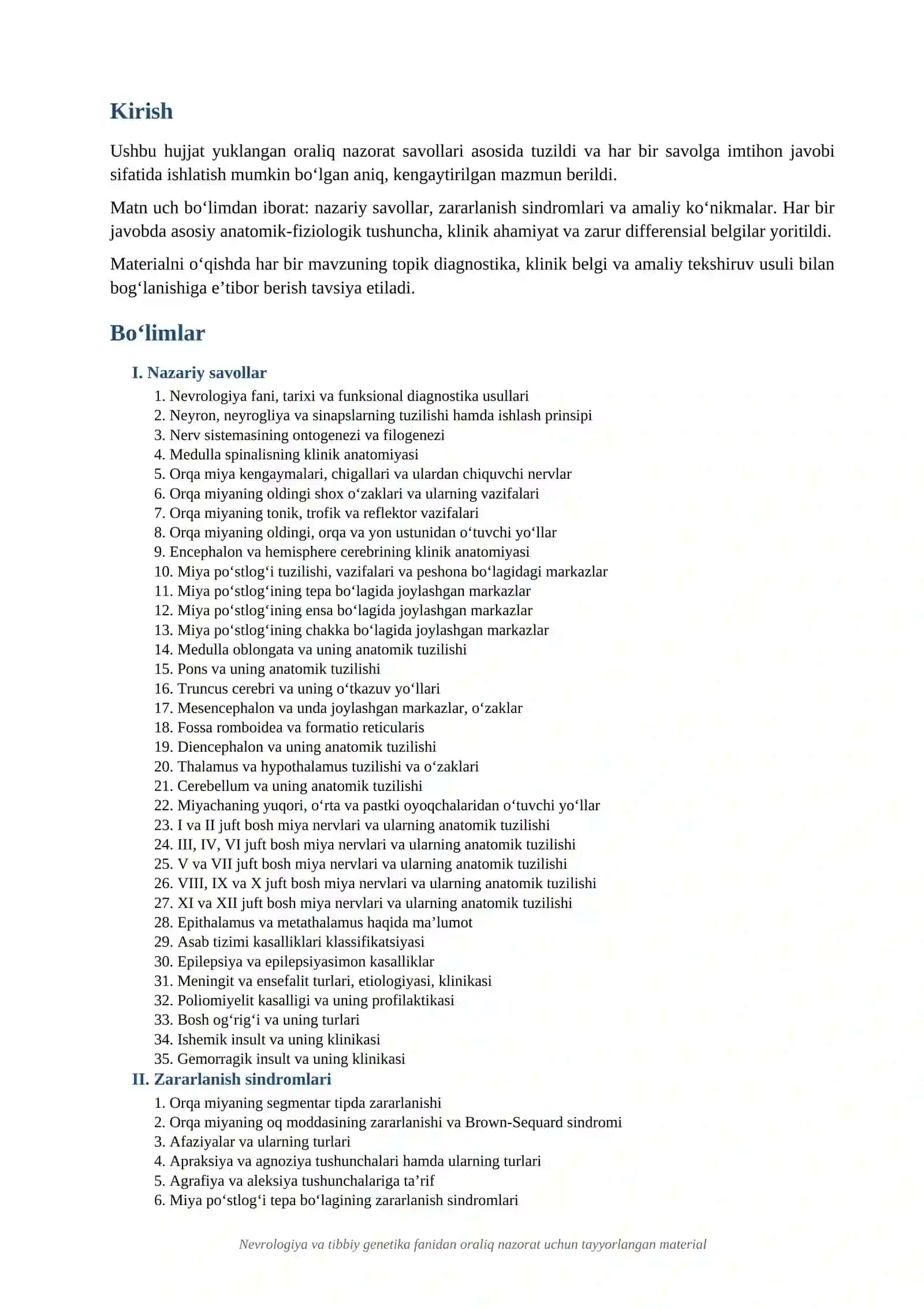 NEVRALOGIYA FANI ORALIQ NAZORAT SAVOLLARIGA 2