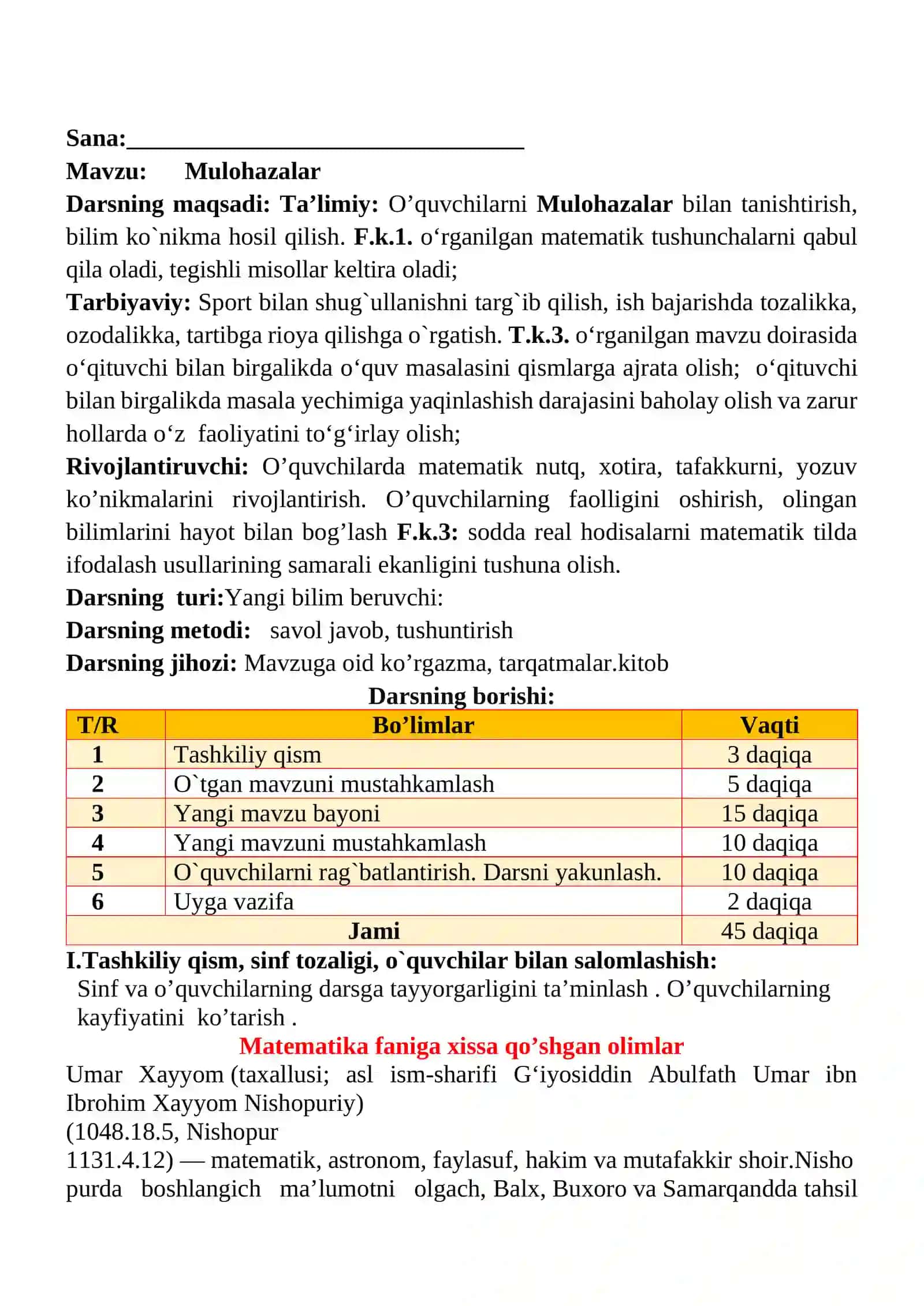 Mulohazalar mavzusida 3-sinf Matematika fanidan dars ishlanmasi 2