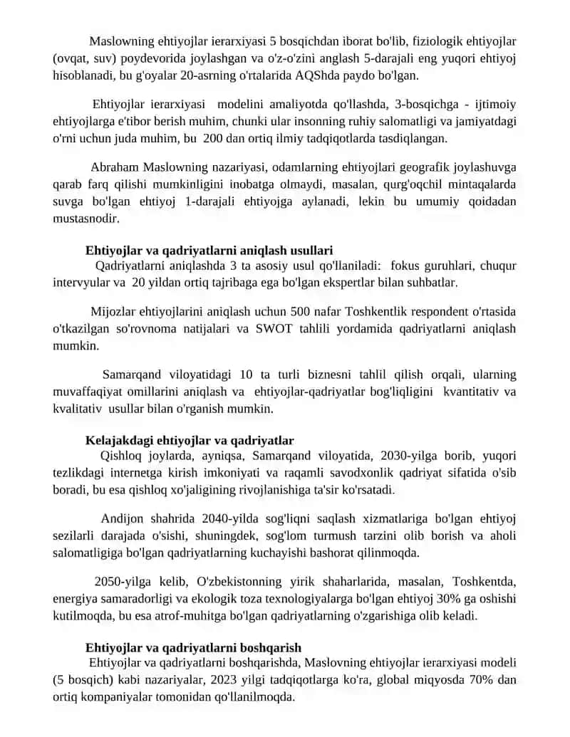 Ehtiyojlar va Qadriyatlar 2