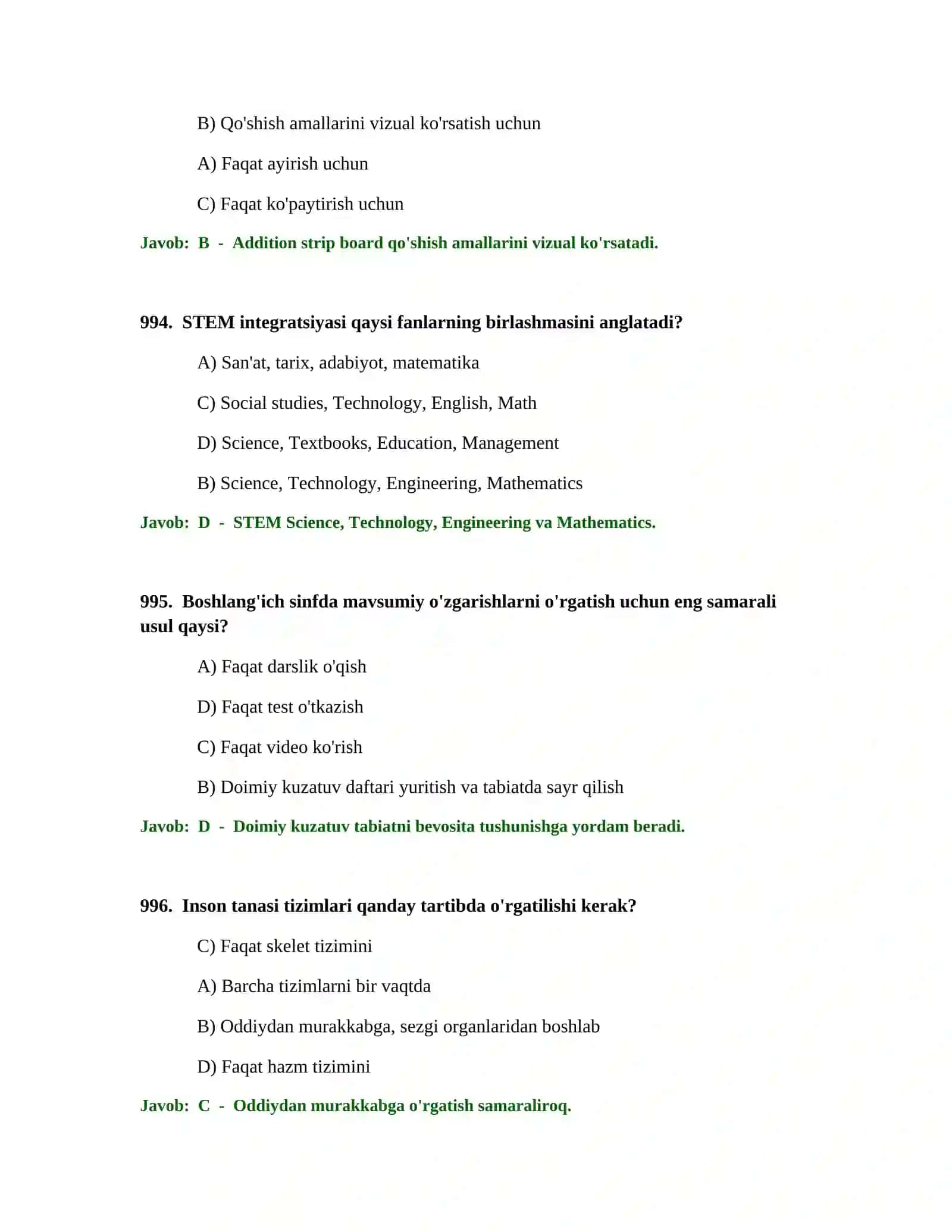 BOSHLANG'ICH TA'LIM O'QITUVCHISI TEST SINOVLARI 2