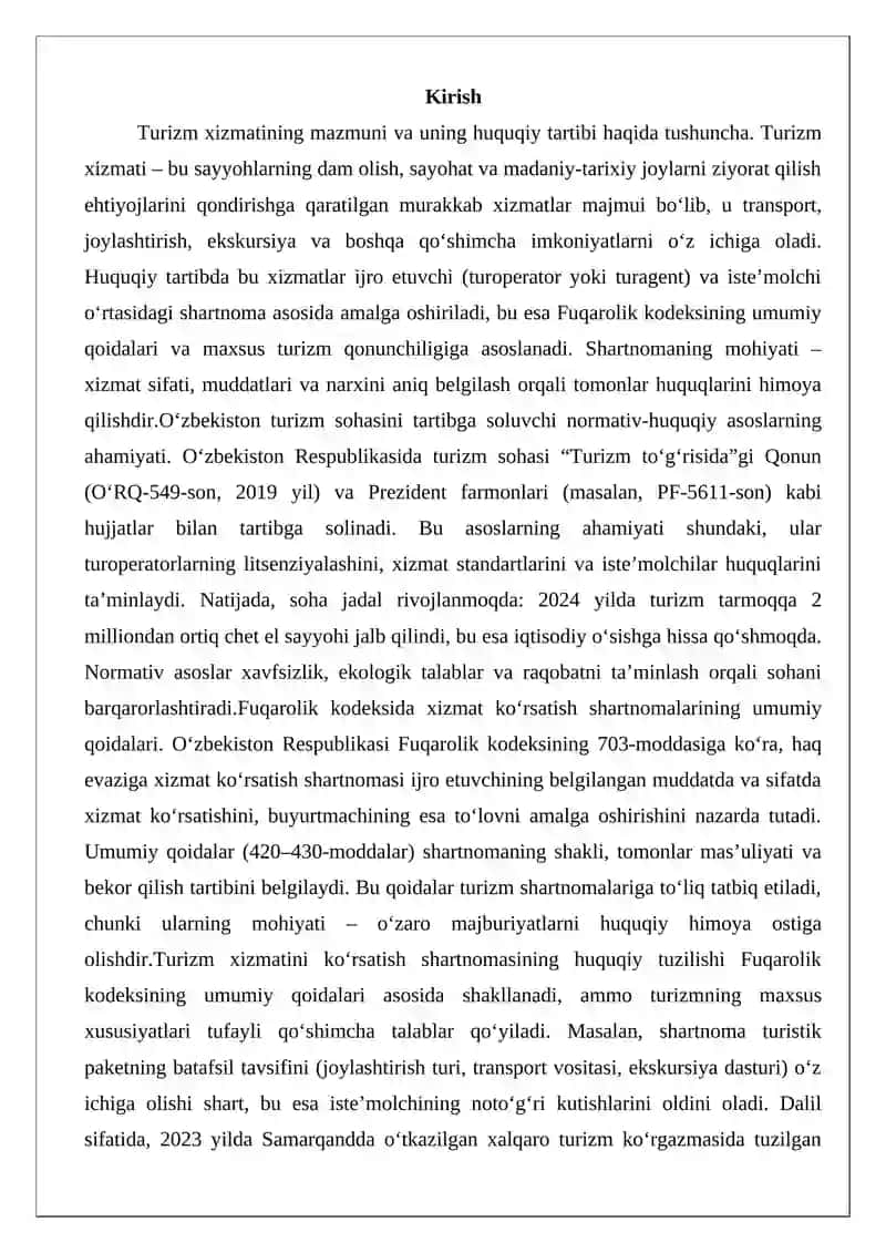 Turizm xizmatini ko‘rsatish shartnomasi 2