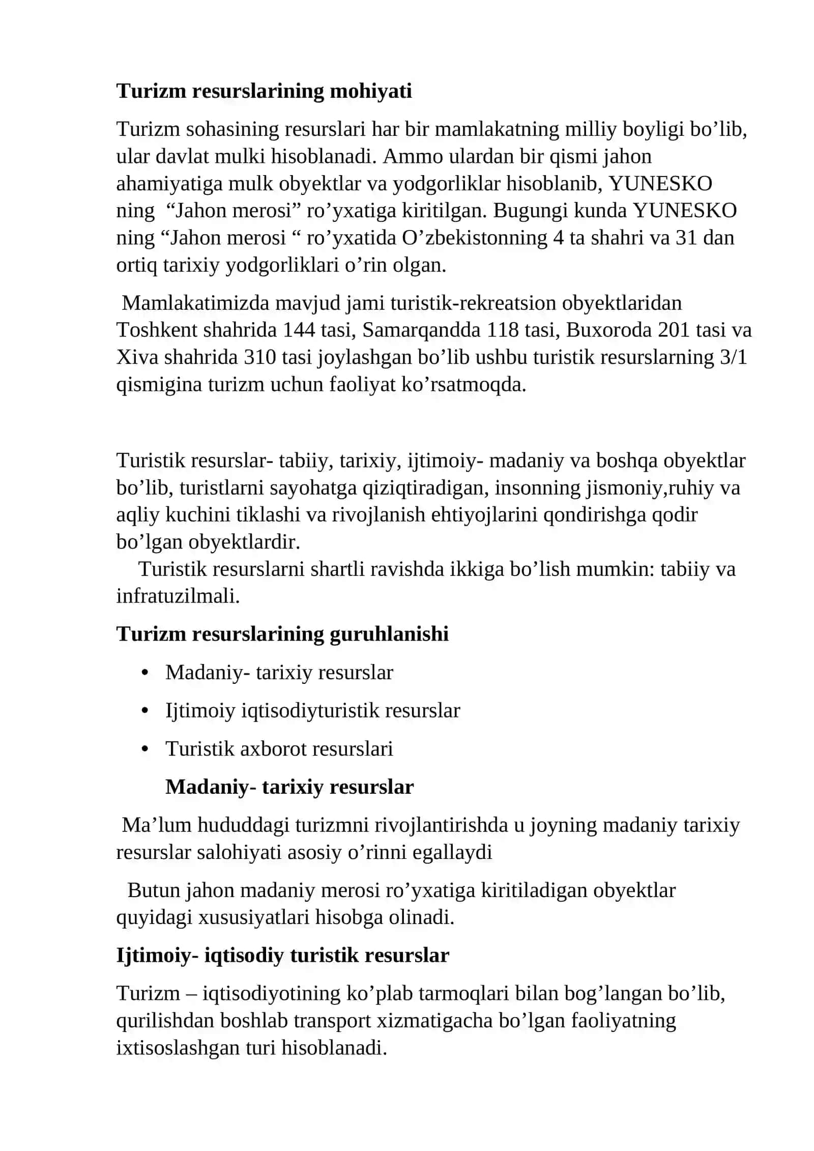 Turizm sohasining resurslari va turlari 2