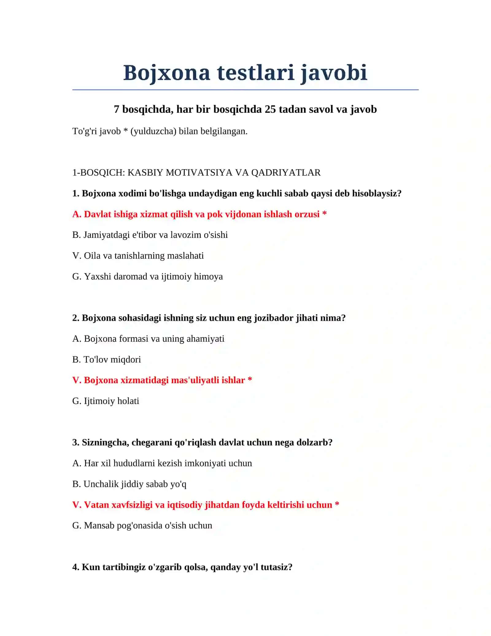 Bojxona testlari javobi 2