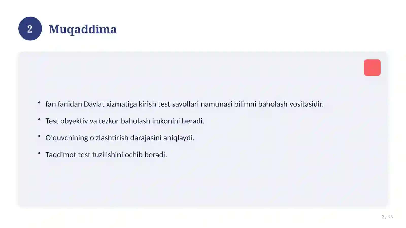 Davlat xizmatiga kirish test savollari namunasi 2