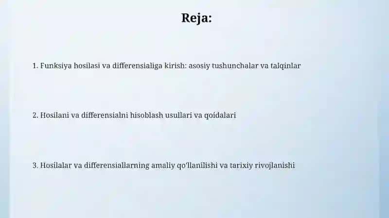 Funksiyaning hosilasi va differensialini kiritish metodikasi 2