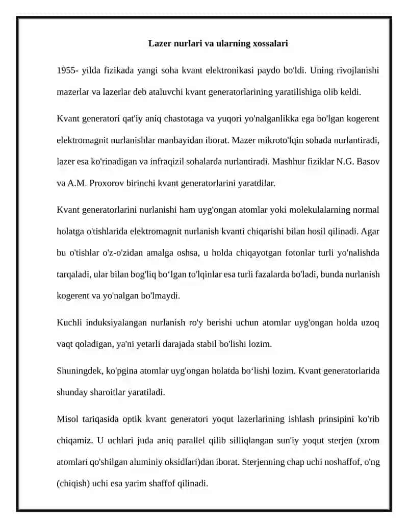 Mavzu: Lazer nurlari va ularning xossalari 2