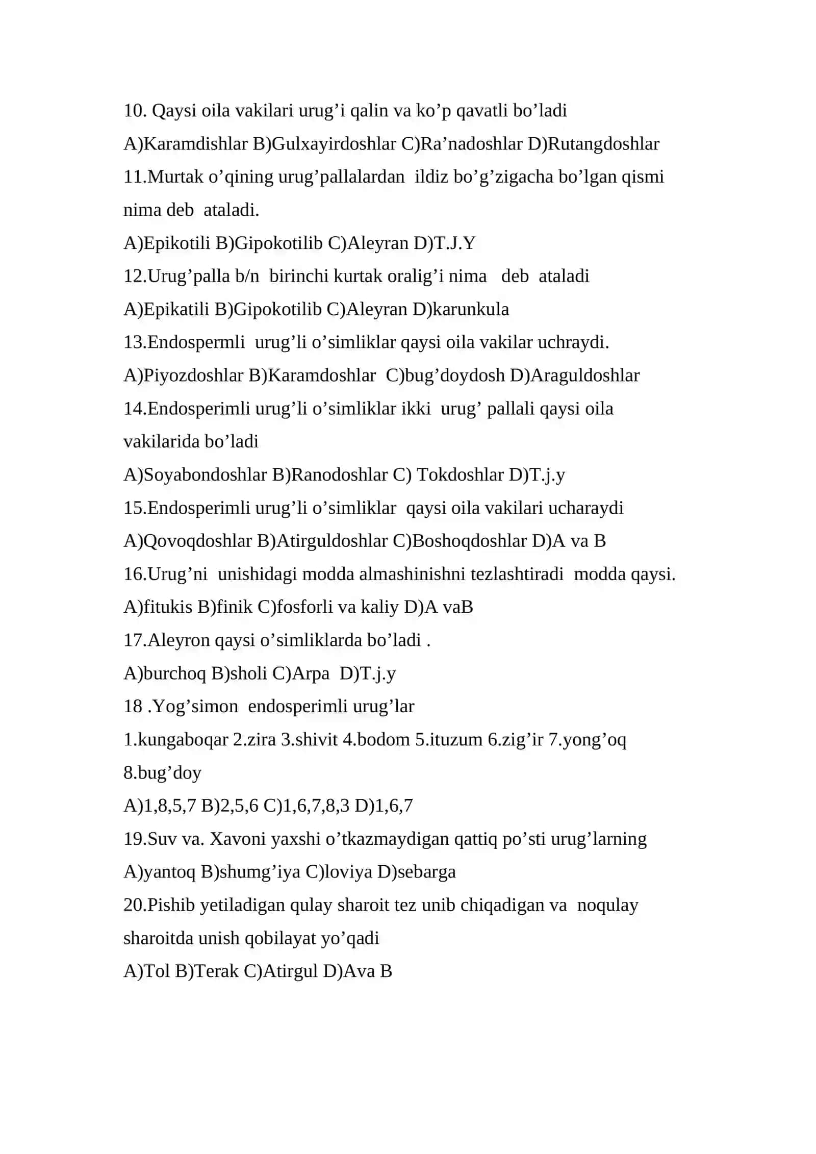 Urug’ va mevaaning  tuzilishi. test 2