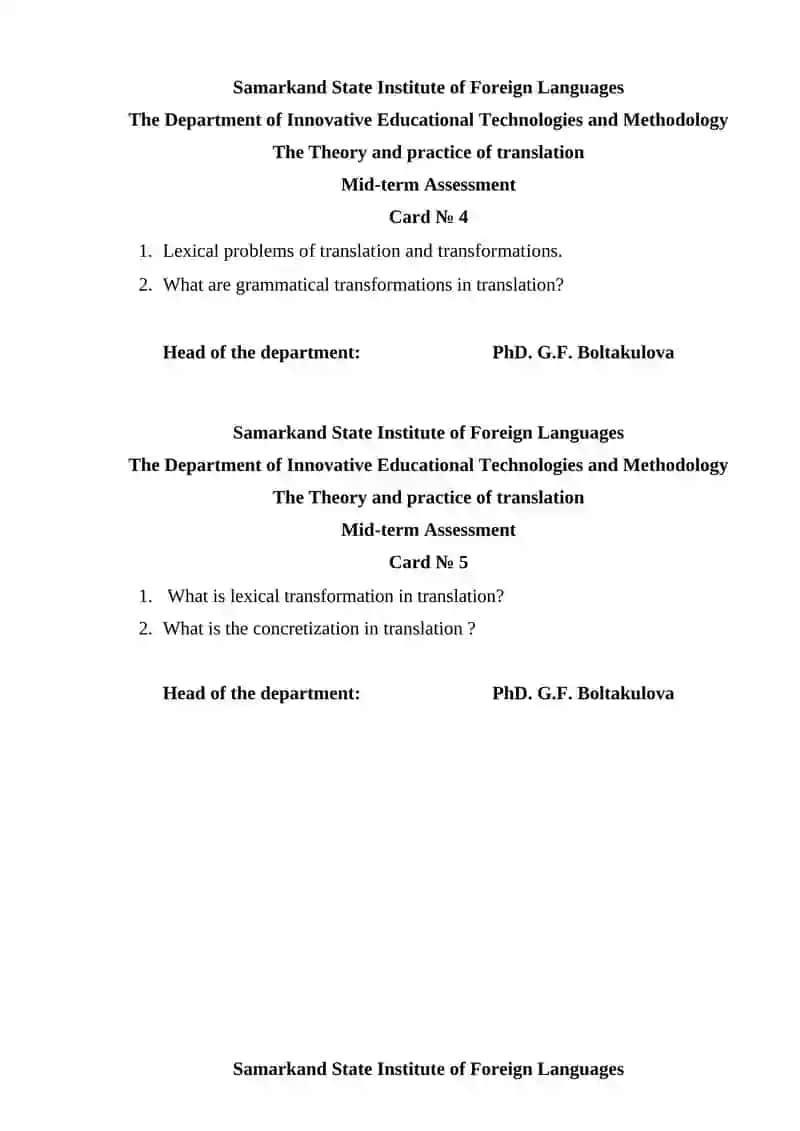 Mid-term Assessment Cards on Translation Theory 2