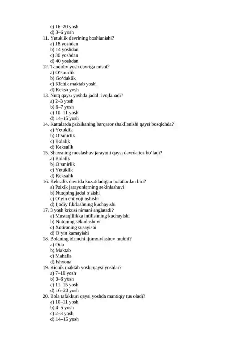 Yosh davrlari psixologiyasi — 30 ta test 2