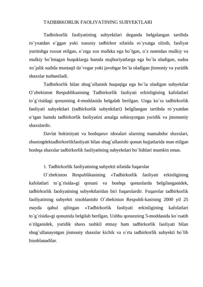 Tadbirkorlik faoliyatining subyektlari 2