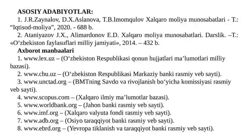 Xalqaro moliya munosabatlari 2