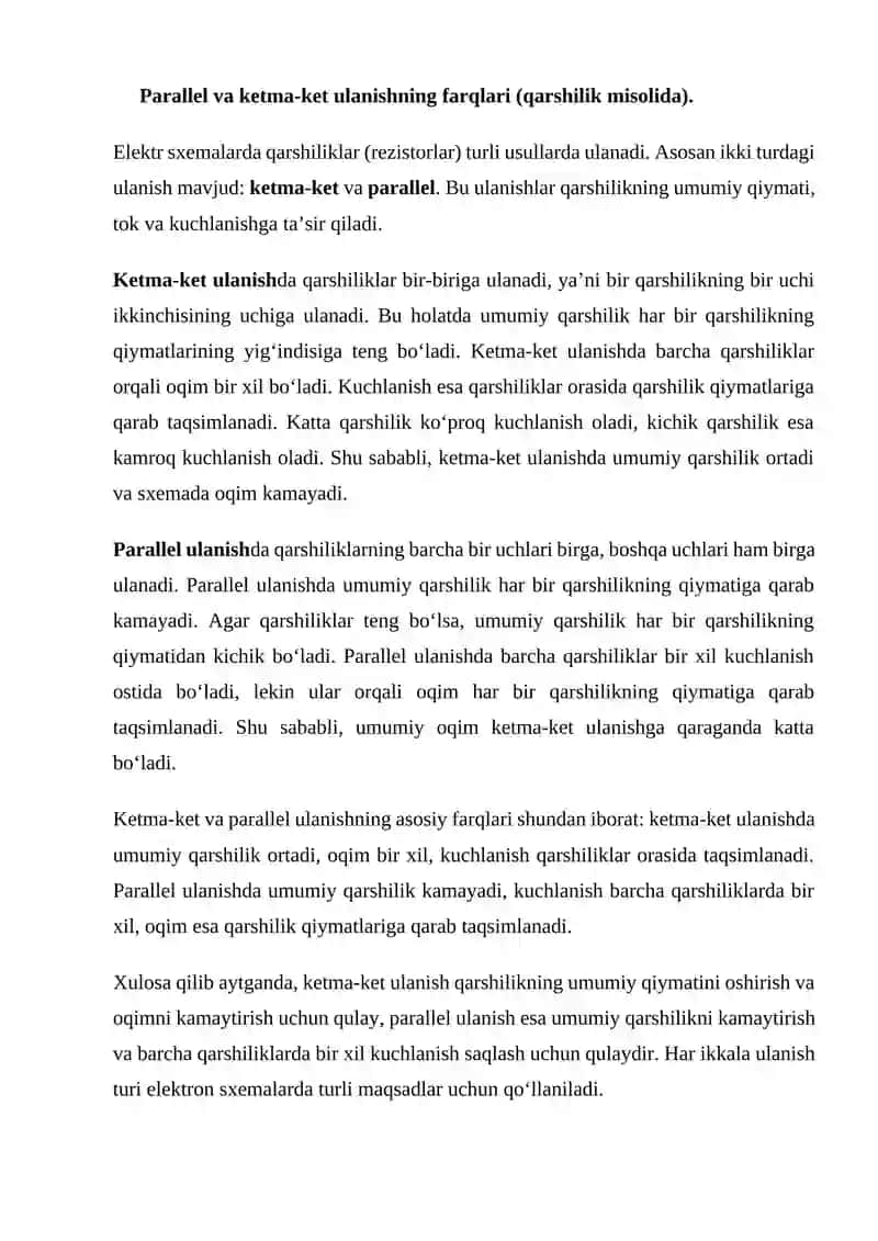 Ketma-ket va parallel ulanishning farqlari 2