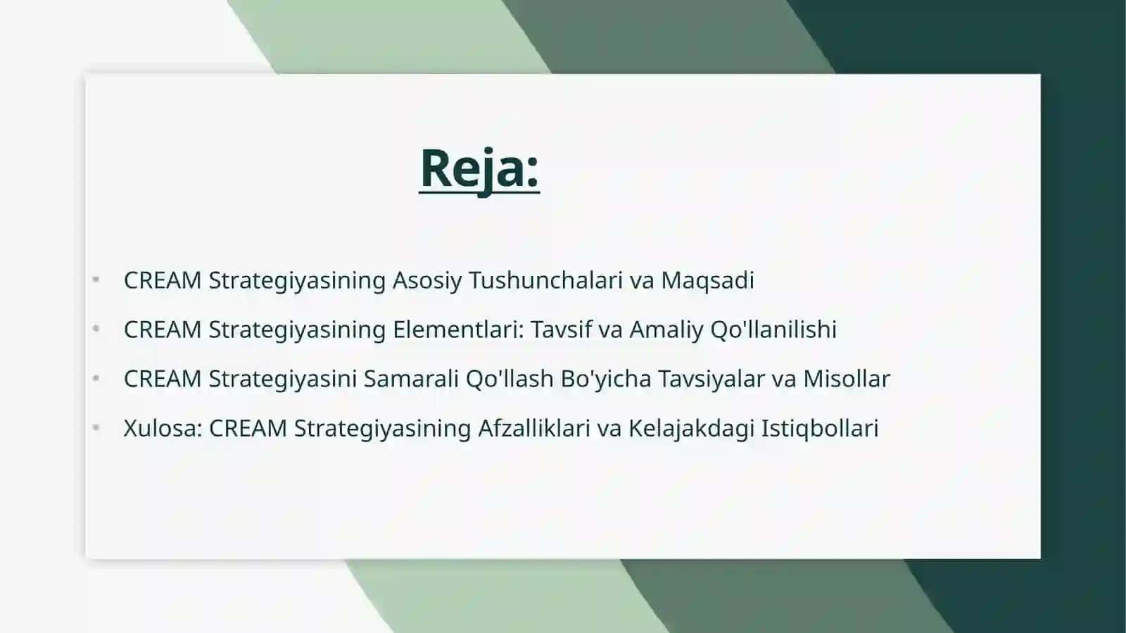 CREAM strategiyasi va undan samarali foydalanish 2