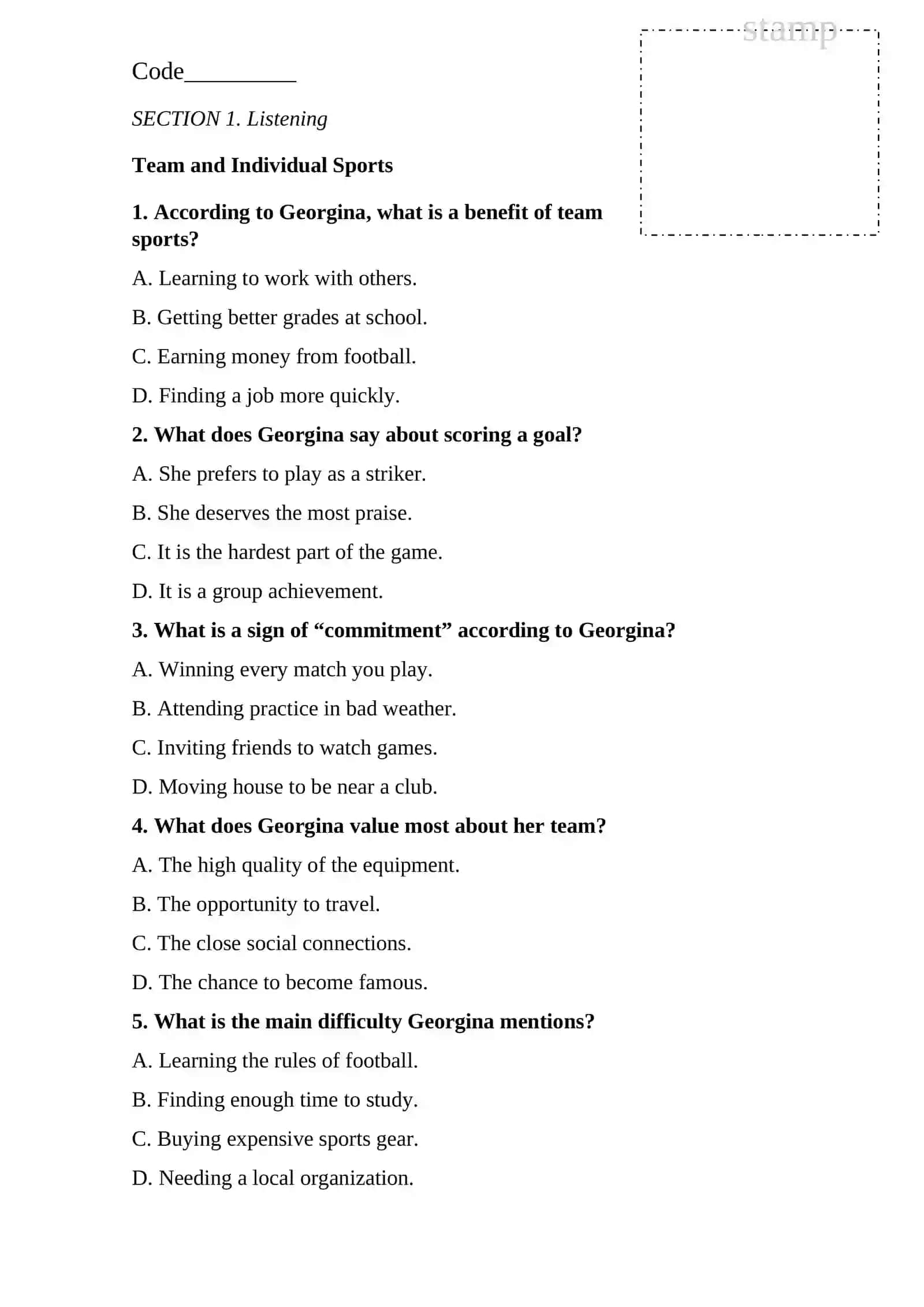 Georgina's Answers on Team and Individual Sports 2