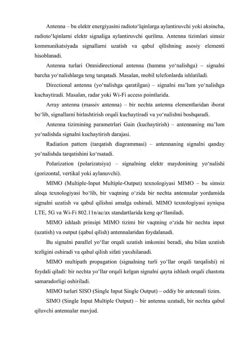 ANTENNA TIZIMLARI VA MIMO (MULTIPLE-INPUT MULTIPLE-OUTPUT) TEXNOLOGIYASI. 2