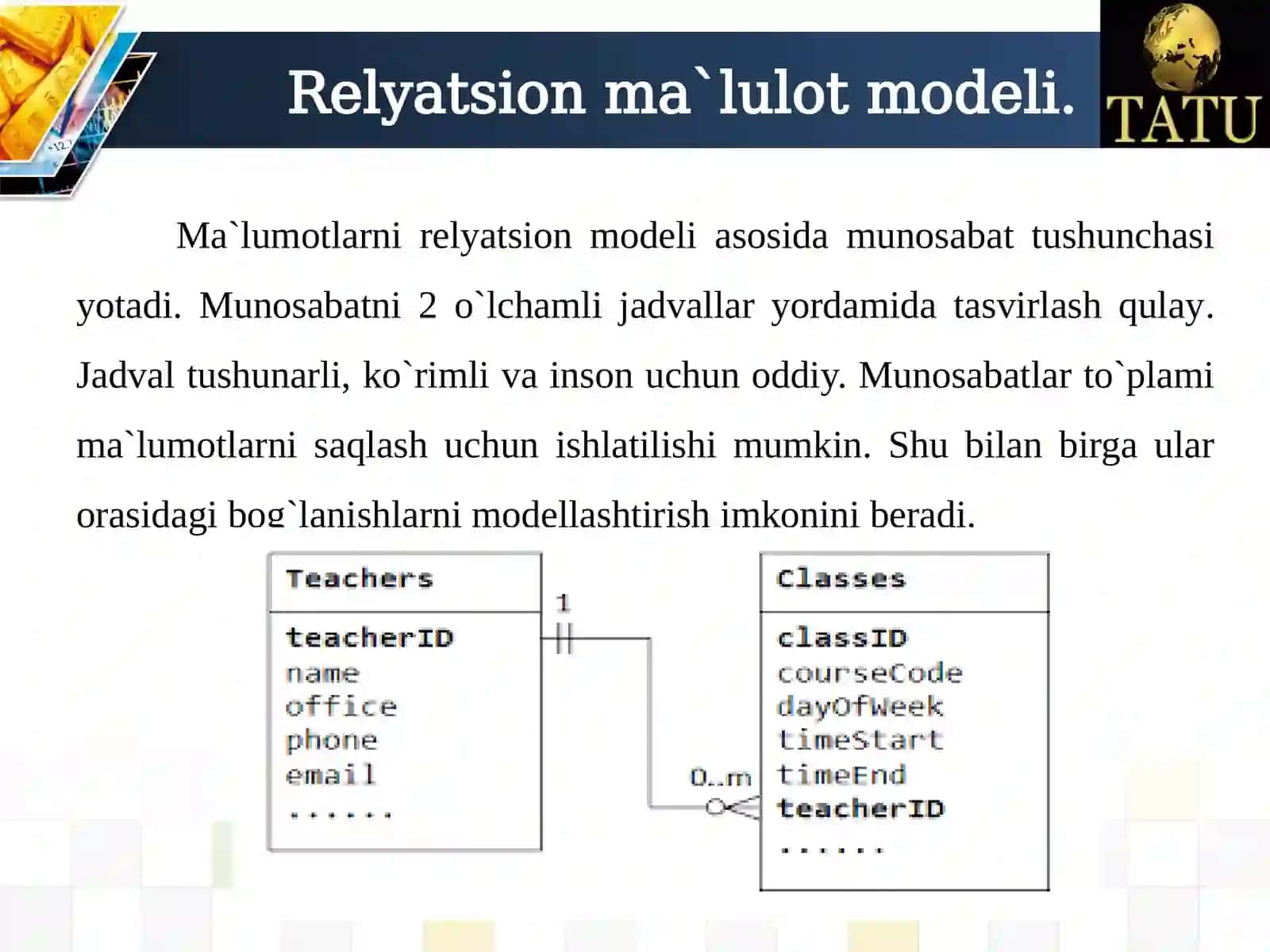 Web serverlarda ma’lumotlar modeli. Relyatsion ma’lulotlar bazasida munosabatlar 2