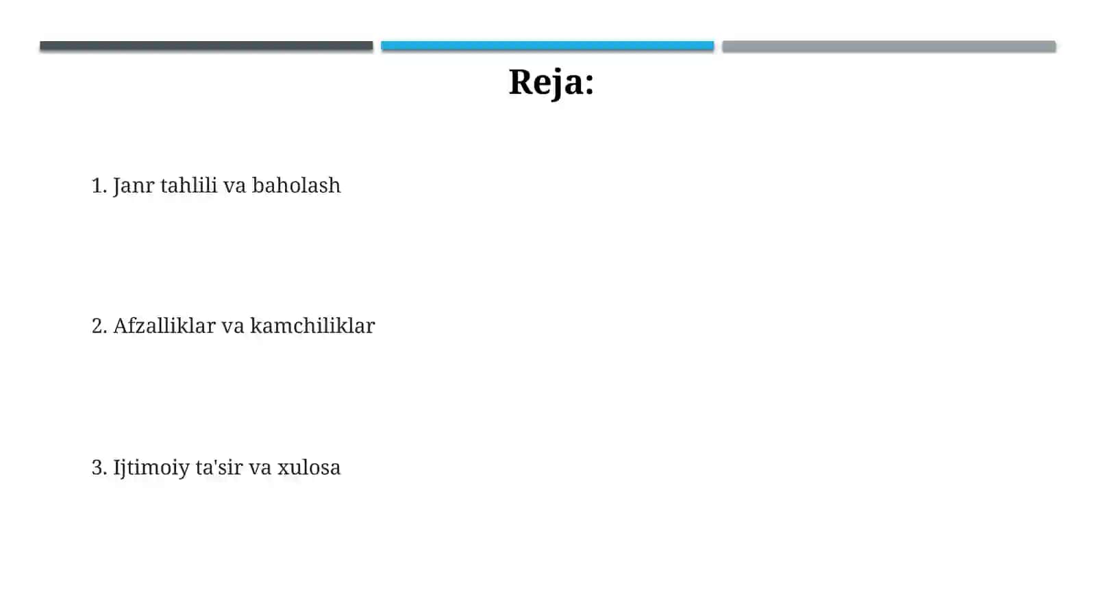 Biror media materialini janrga ko‘ra tahlil qiling, kamchilik va yutuqlarini ko‘rsating 2