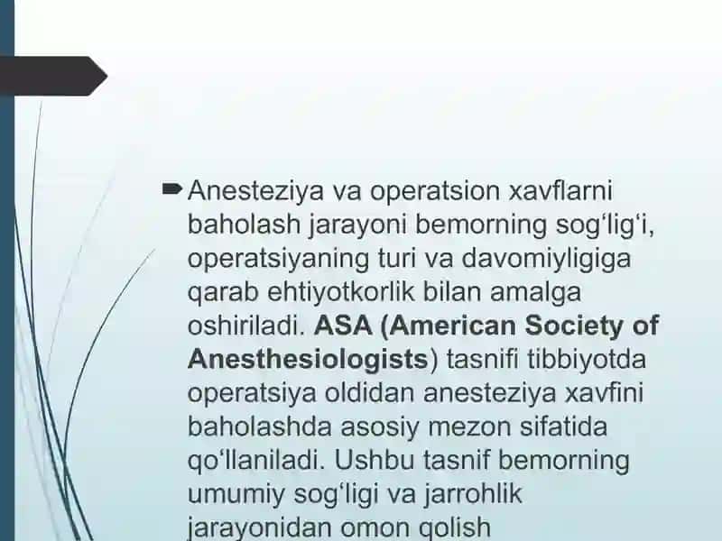 Operatsion anestiziologiya xavf darajalari Galogo va ASA Boʻyicha 2